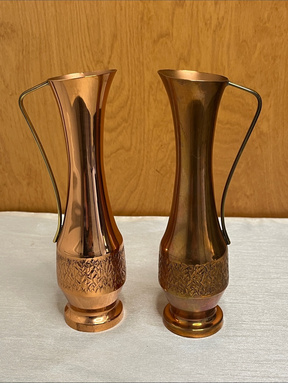 Vintage Copper Pitcher Vases with Brass Handles - Set of 2, 7 Inches Tall